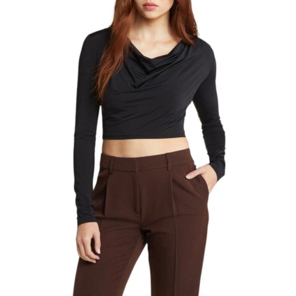 Open Edit Cowl Neck Long Sleeve Crop Top In Black Size Medium NWOT $49 MSRP